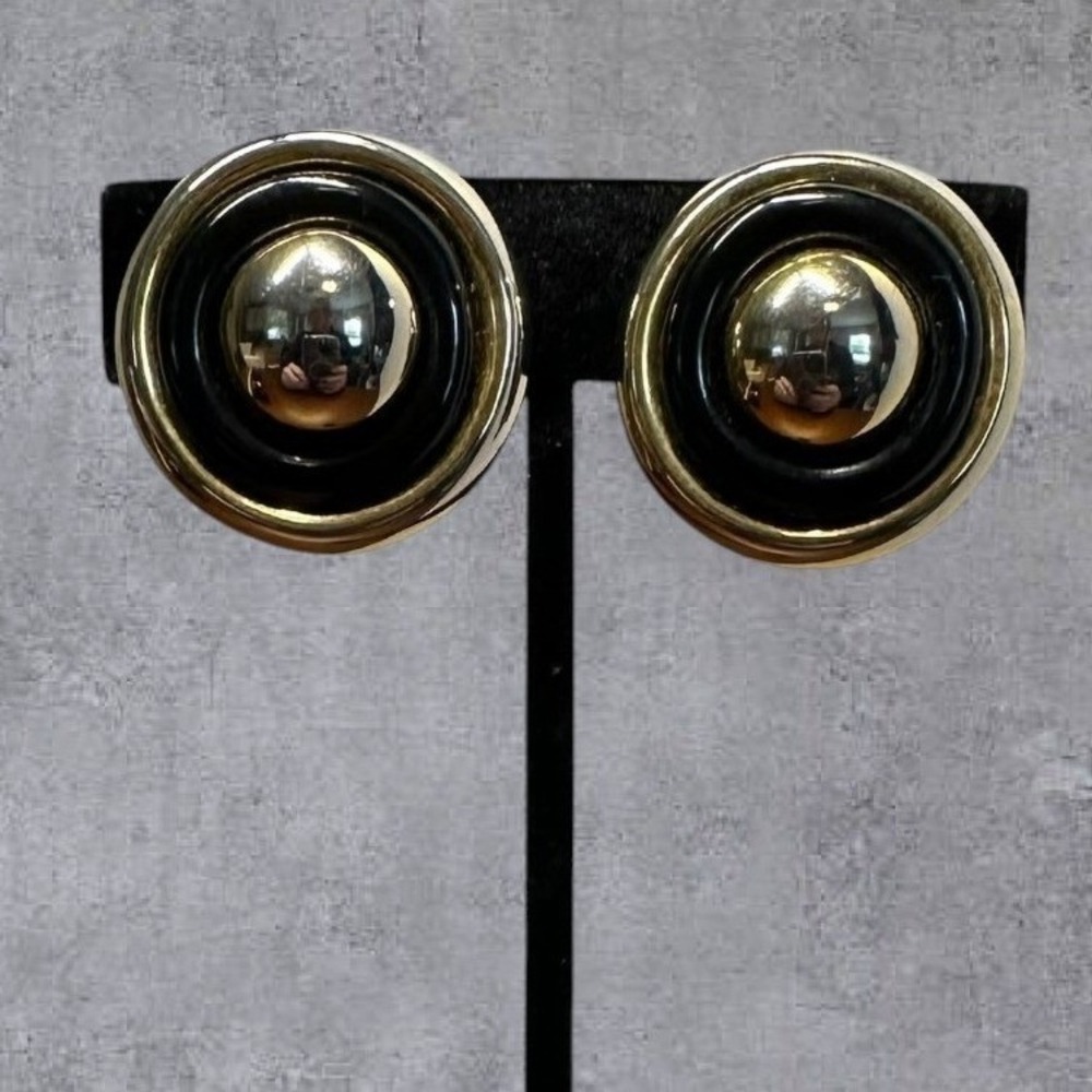 Liz Claiborne Clip On Earrings Womens Black Gold Silver Bullseye Vintage
